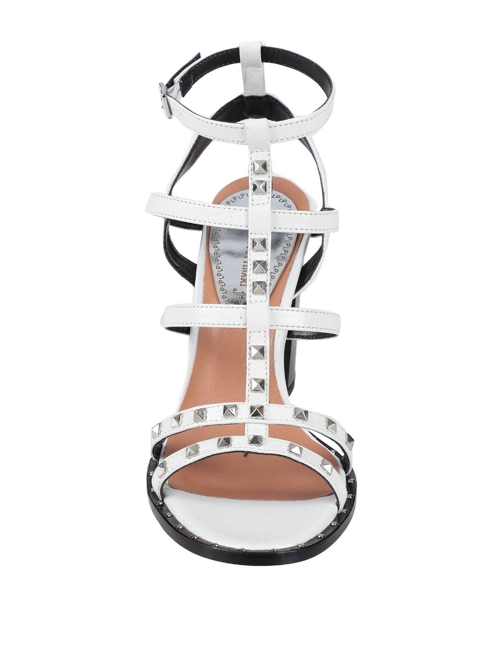 White Leather Studded T-Strap Sandals by Loretta Pettinari